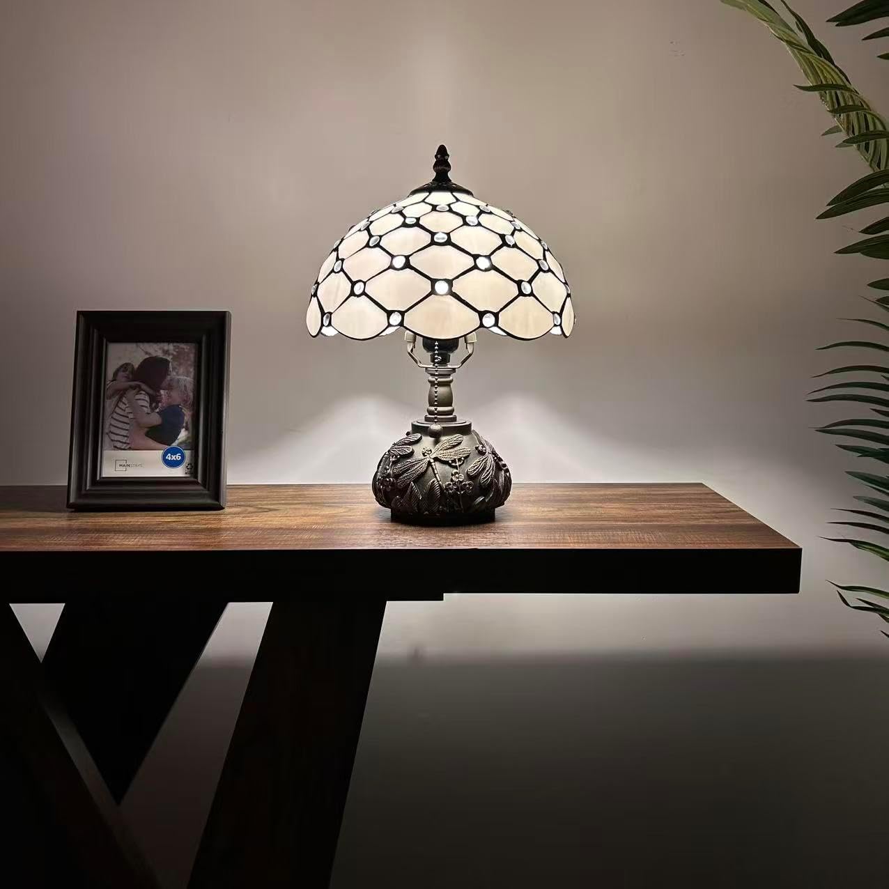Tiffany Table Lamp White Stained Glass Crystal Beans LED Bulb Included Dragonfly Base for Living Room Bedroom Bedside 10" W*10" D*14" H