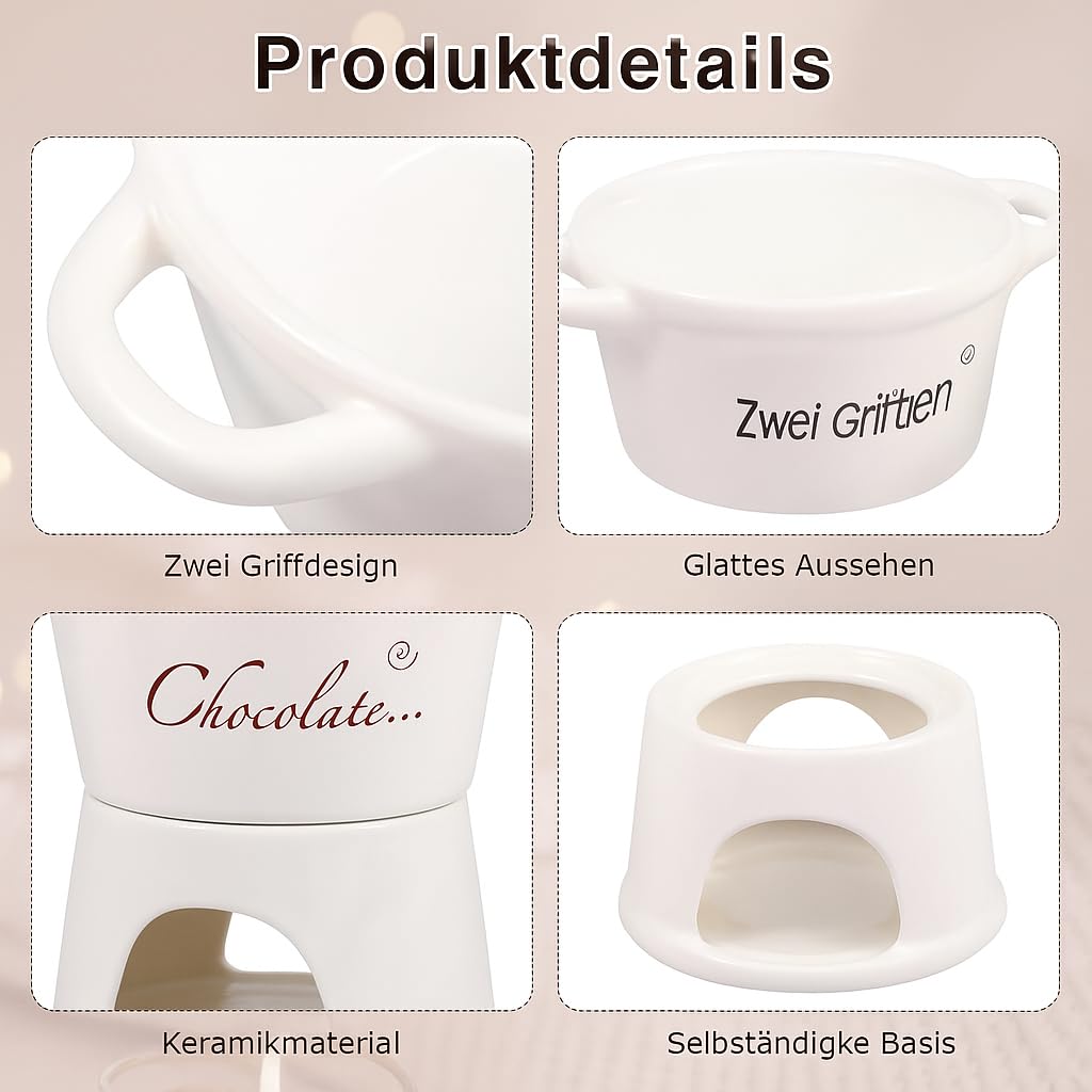 Schokoladenfondue Becher mit Edelstahl-Gabeln, Schokofondue Tasse 300ml, Chocolate Fondue Tasse, Teelichthalter, Keramik Schoko-Fondue Tassen (Weiß)