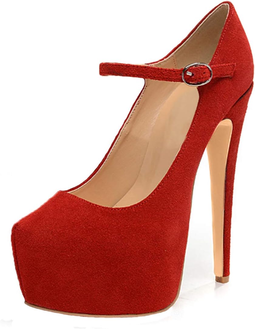 Yolkomo Women's Round Toe Mary-Jane Platform Stiletto High Heels Closed Round Toe Ankle Strap Fashion Party Pumps Shoes Red Size 14