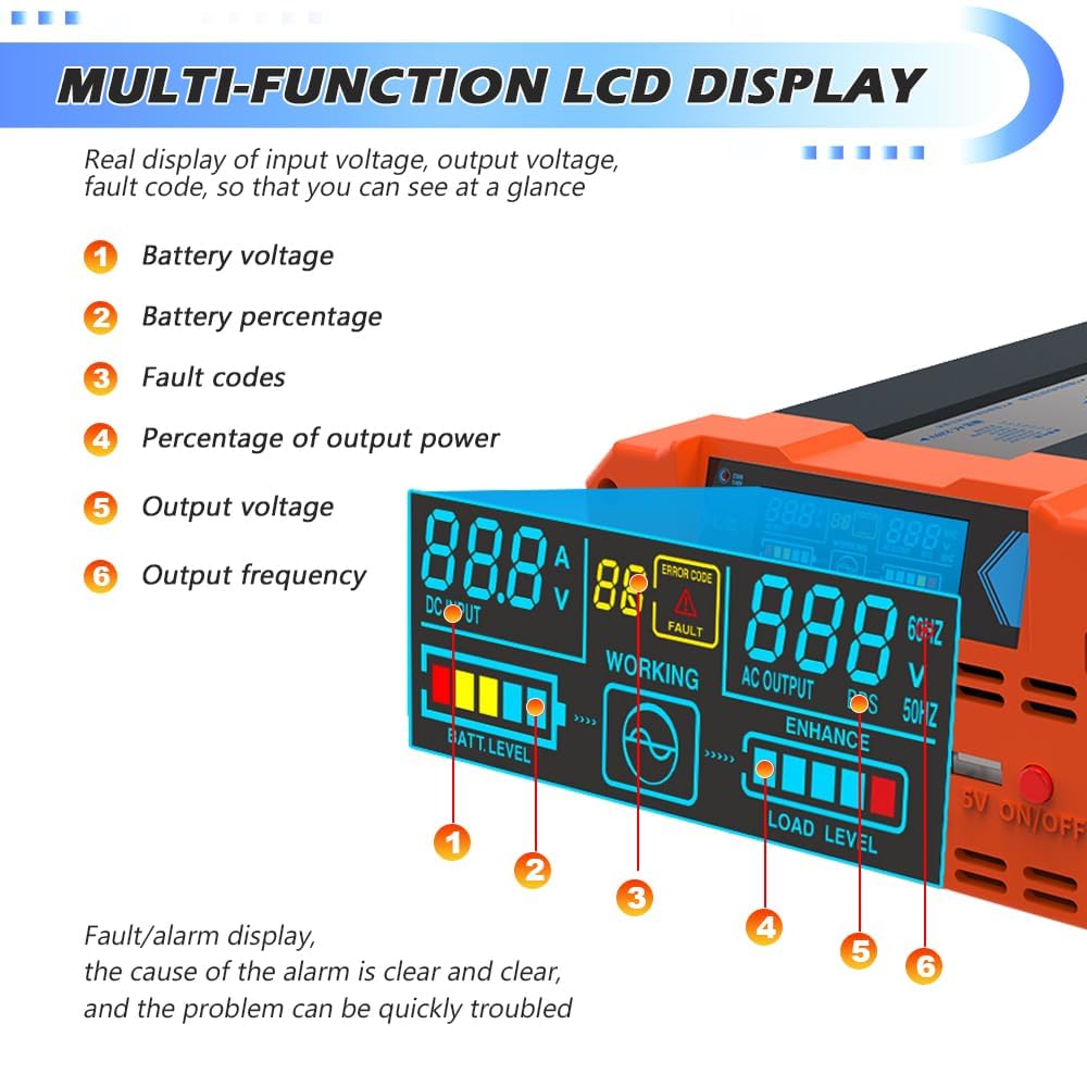 Azonee 1000W Power Inverter 12V to 240V AC Pure Sine Wave Inverter, Car Inverter DC 12v to AC 240V UK with AC Sockets Dual Car Adapter With LED Display Suitable for Travel, Camping, RV