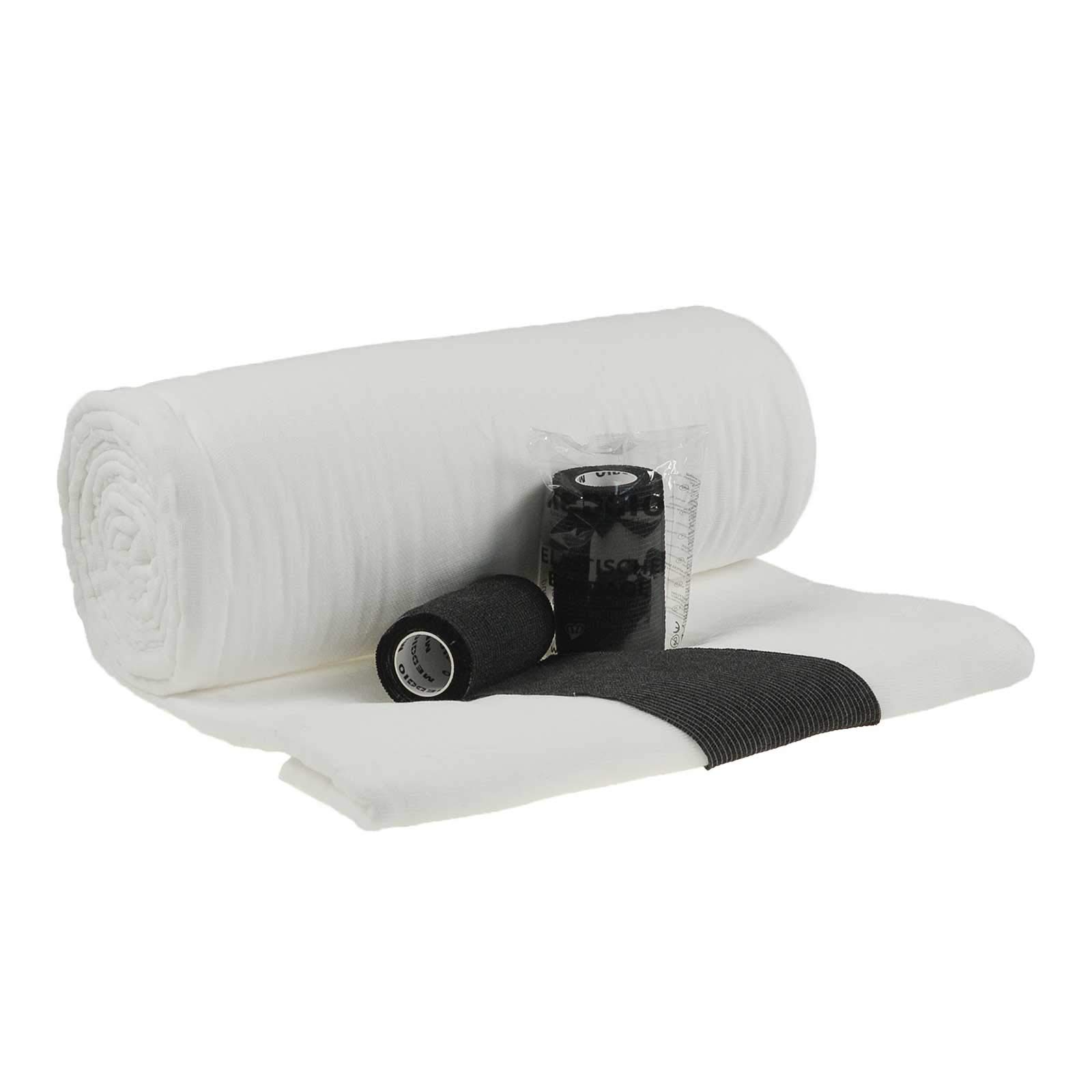 maDDma Mullwatterolle 40x500cm + 12 Haftbandagen 10cm schwarz selbsthaftende Bandagen Mullwatte Verbandwatte Mull
