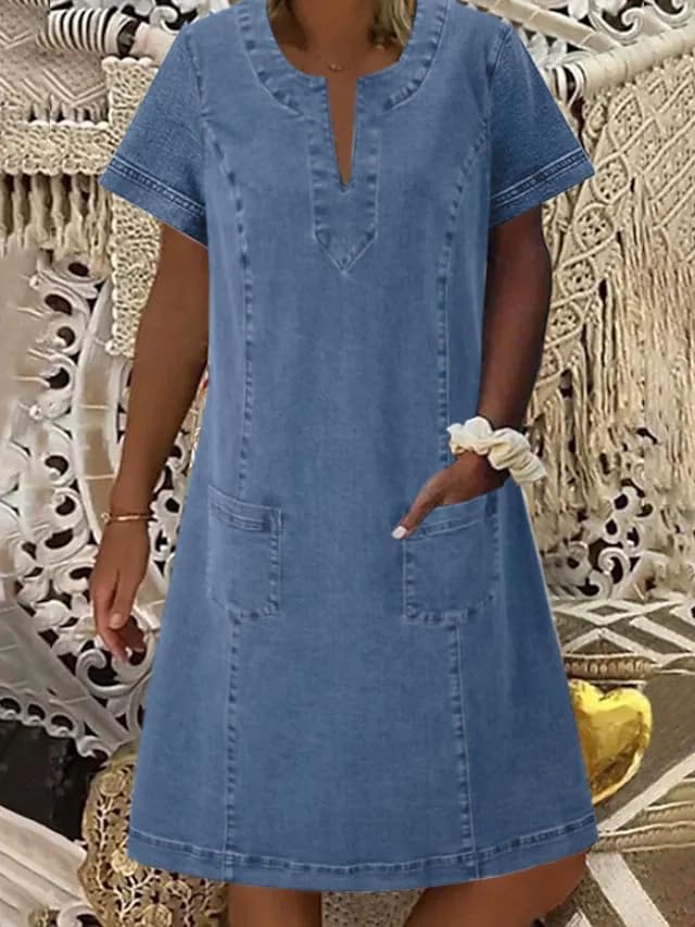 CHARTOU Women Denim Dress Short Sleeve Mini Jean Dress Jumper Babydoll Summer Shift Dress - Image 2
