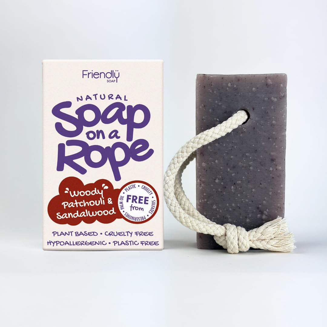 Friendly Soap - Natural Soap On A Rope - 'Woody' Patchouli & Sandalwood 125g