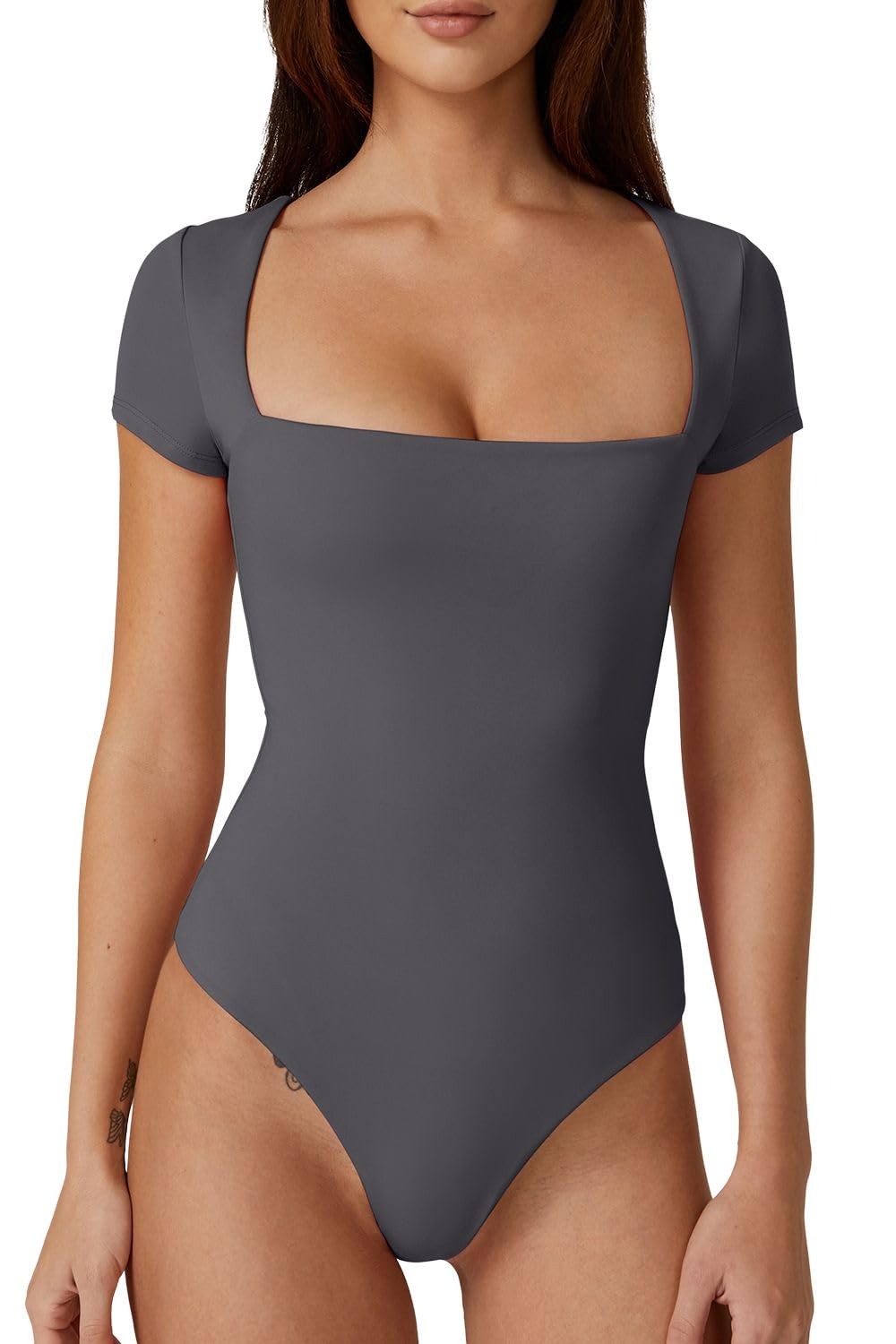 QINSENWomen's Square Neck Short Sleeve Bodysuit Sexy Body Suit Tops Double Lined Shirts