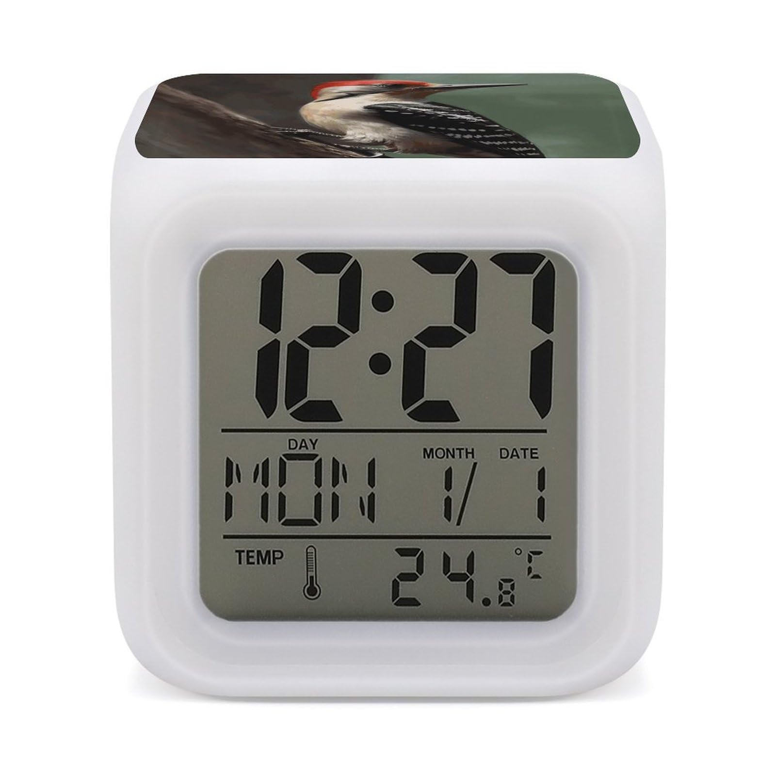 DWVTSLH Woodpecker Alarm Clock with 7 Color Changing Night Light, Wake Up Digital Clock for Bedroom, Bedside Cube Clock with Date, Temperature, Battery Operated Desk Clock Gift