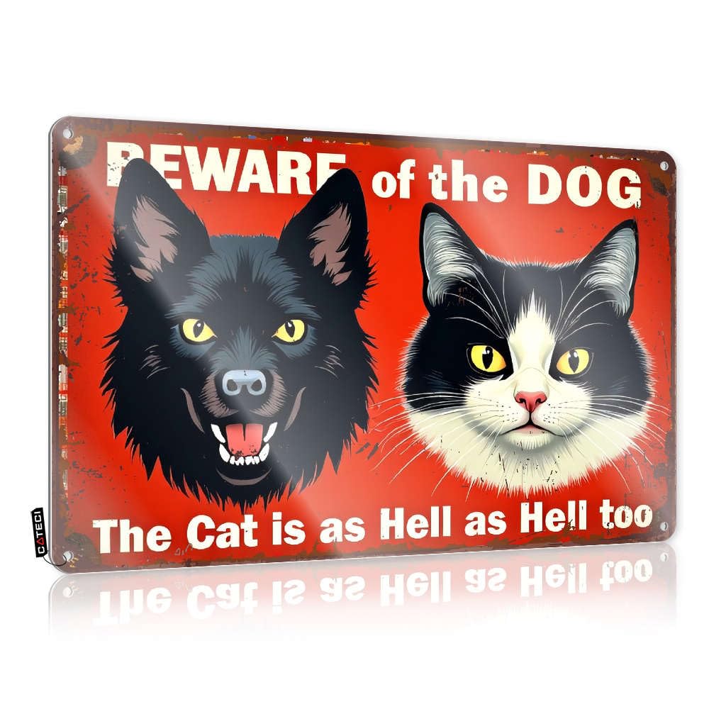 College Flags For Dorm Beware Of The Dog. The Cat Is As Hell As Hell Too. Tin Sign Funny Wall Flags Room Stuff(30X40CM)