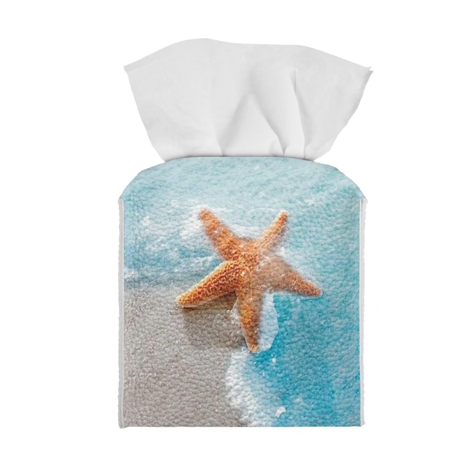 Tutolipy Beach Starfish Tissue Box Holder Square Tissue Box Cover Decorative PU Leather Facial Napkin Organizer Dispenser for Bathroom Nightstand Car Decor Accessories Novelty Covers