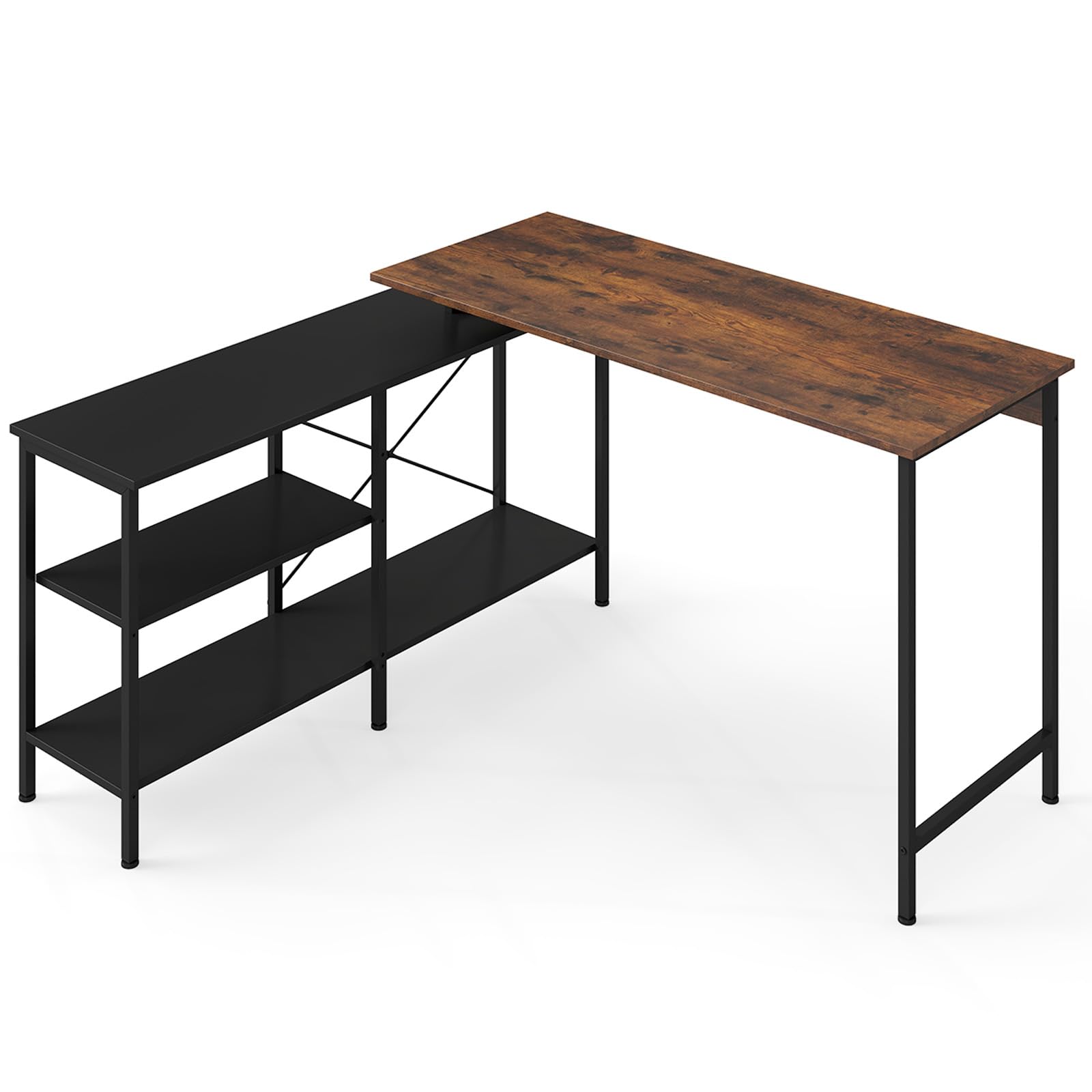 GYMAX Escritorio en Forma de L, Escritorio de Esquina con Amplia Superficie de Trabajo, Dos Estantes y Estructura Metálica, Altura Ajustable, Instalación Reversible, Mesa para Ordenador