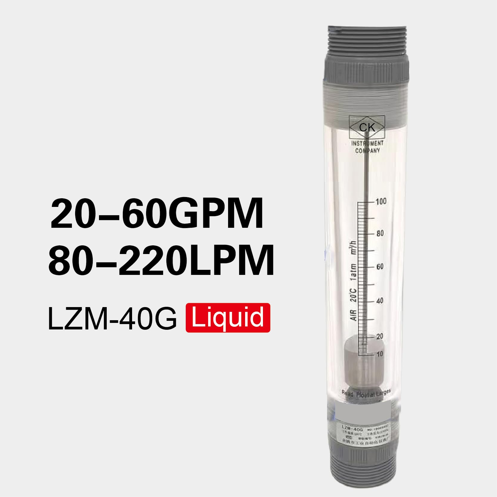 Durchflusssensoren, LZM-40G Rotameter-Durchflussmesser Acryl-Pipeline-Durchflussmesser for reines Wasser, Flüssiggas, industriell einstellbar, mechanisch(20-60GPM 80-220LPM)