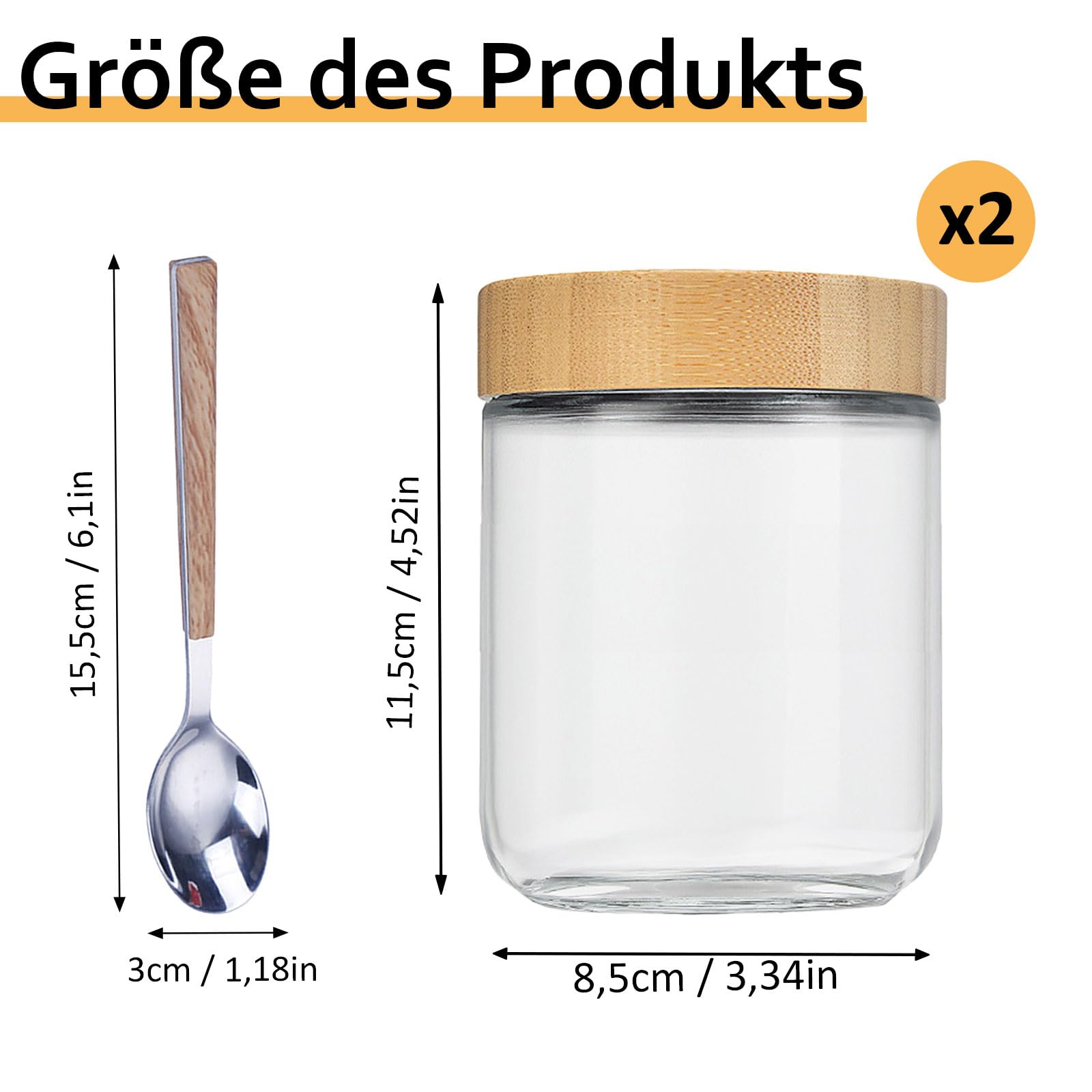 Słoiki na płatki owsiane z pokrywką, 2 sztuki słoików na przetwory o pojemności 500 ml z bambusową pokrywką, z łyżeczką ze stali nierdzewnej, słoiki na przetwory z zakręcaną pokrywką, do