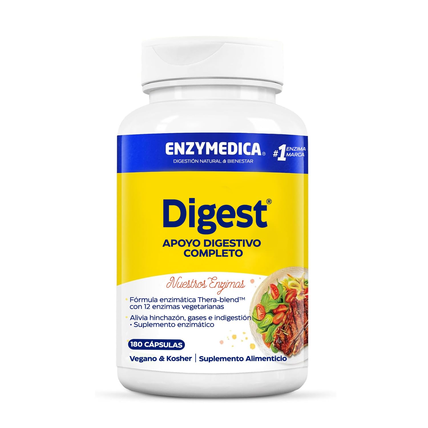 Enzymedica, Digest, Fórmula Enzimática de Acción Rápida, Reduce los gases y la Hinchazón, Mejora la Absorción de Nutrientes y la Energía, Sin Gluten, Sin Lácteos, 180 Cápsulas