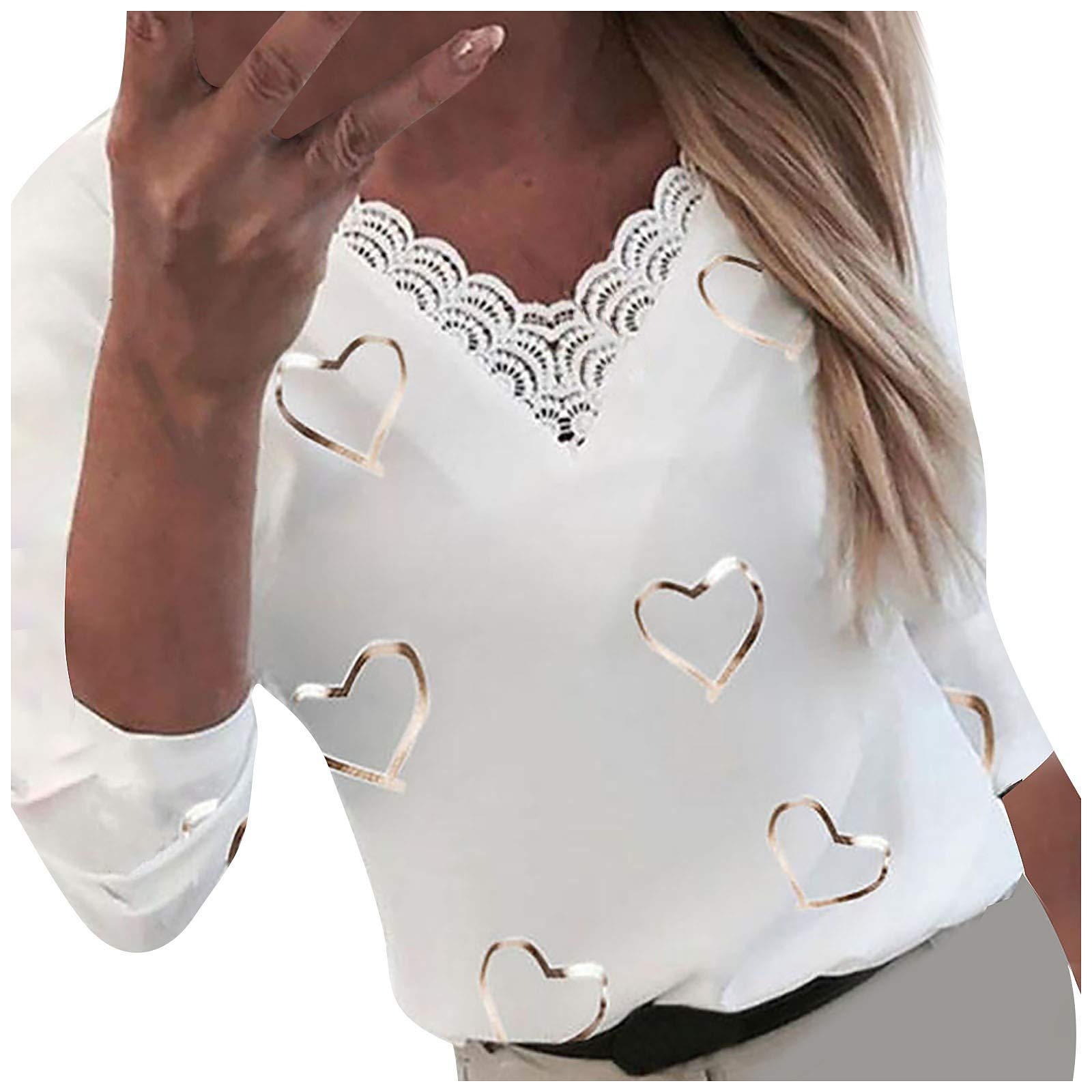 NUSGEAR 2022 Camiseta de Manga Larga Mujer, Moda Encaje Patchwork Blusa Cuello en V Elegante impresión Camisa Basica Camiseta Suelto Verano Primavera Tops Casual T-Shirt Fiesta Original tee