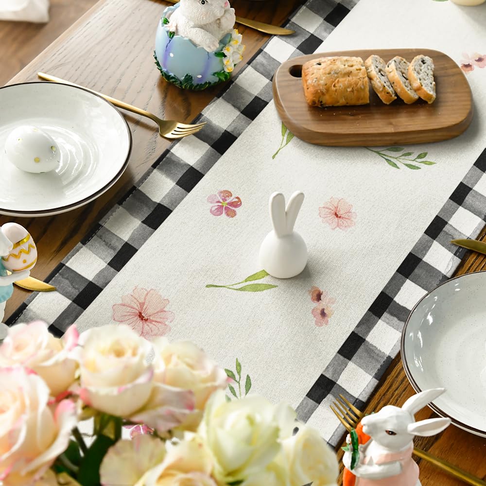 Artoid Mode Buffalo Plaid Bunny Easter Table Runner - 13x72 Inch Spring Kitchen Dining Decor For Home & Parties