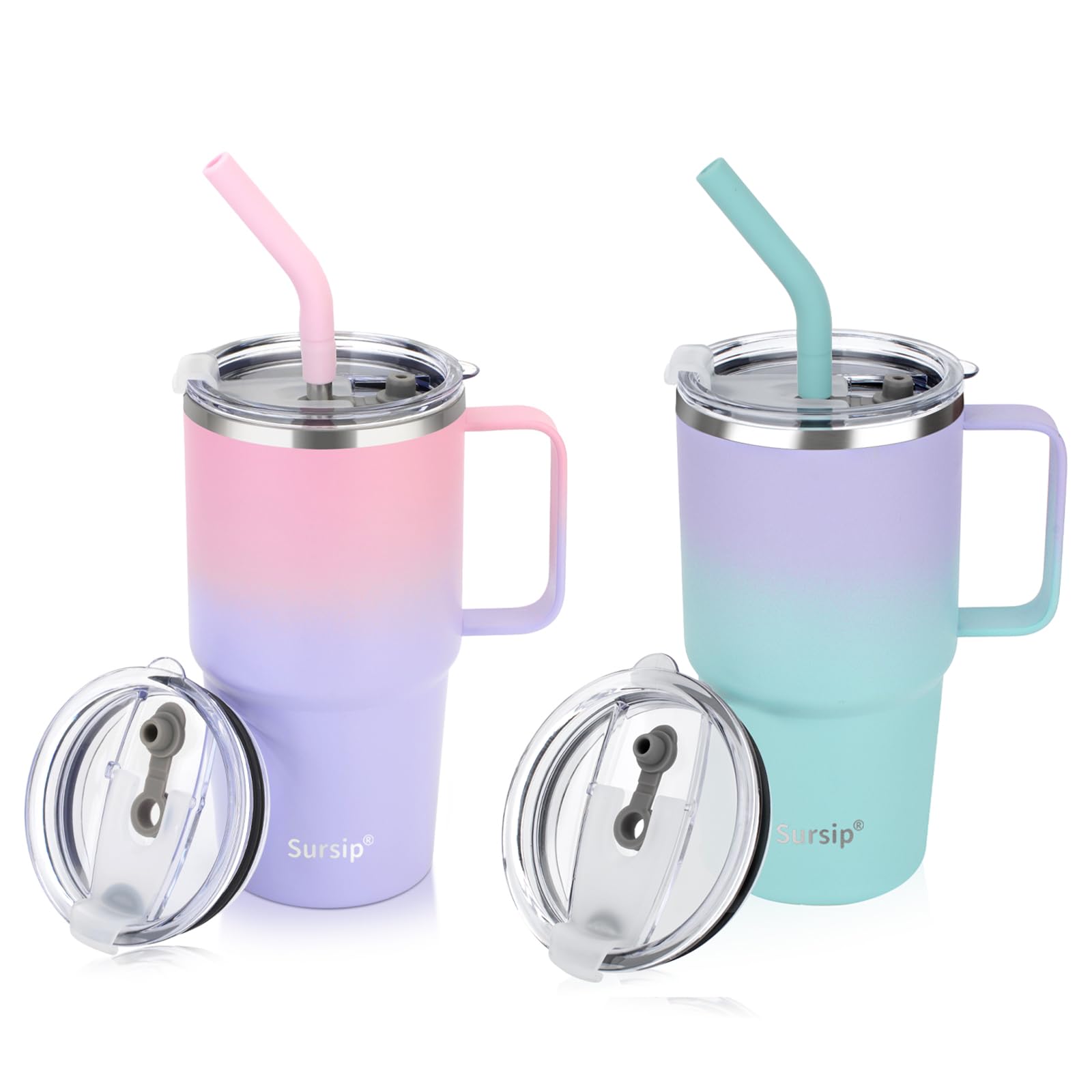 Sursip Isolierter Becher mit Griff, doppelwandiger Vakuum-Edelstahlbecher mit Strohhalm und 2 Deckeln, für kalte/heiße Getränke, Kaffee-Reisebecher für Auto/Zuhause/Büro/Party/Camping (2 Stück)