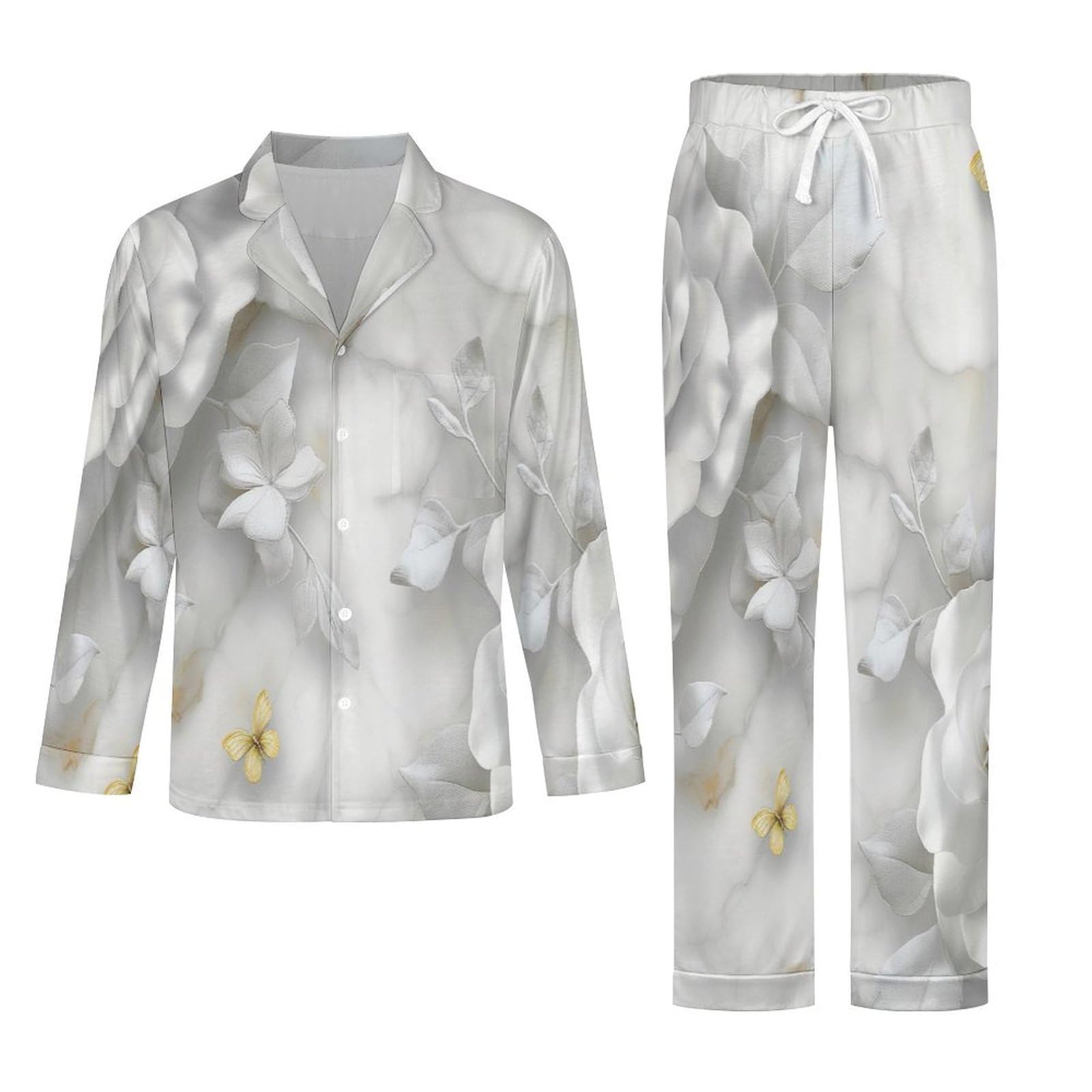 OLEETS Completo Pigiama da Uomo 2 Pezzi - Fiori E Farfalle Top E Pantaloni in 2 Pezzi Pigiama Casual E Ampio A Maniche Lunghe Morbido Autunnale E Invernale.