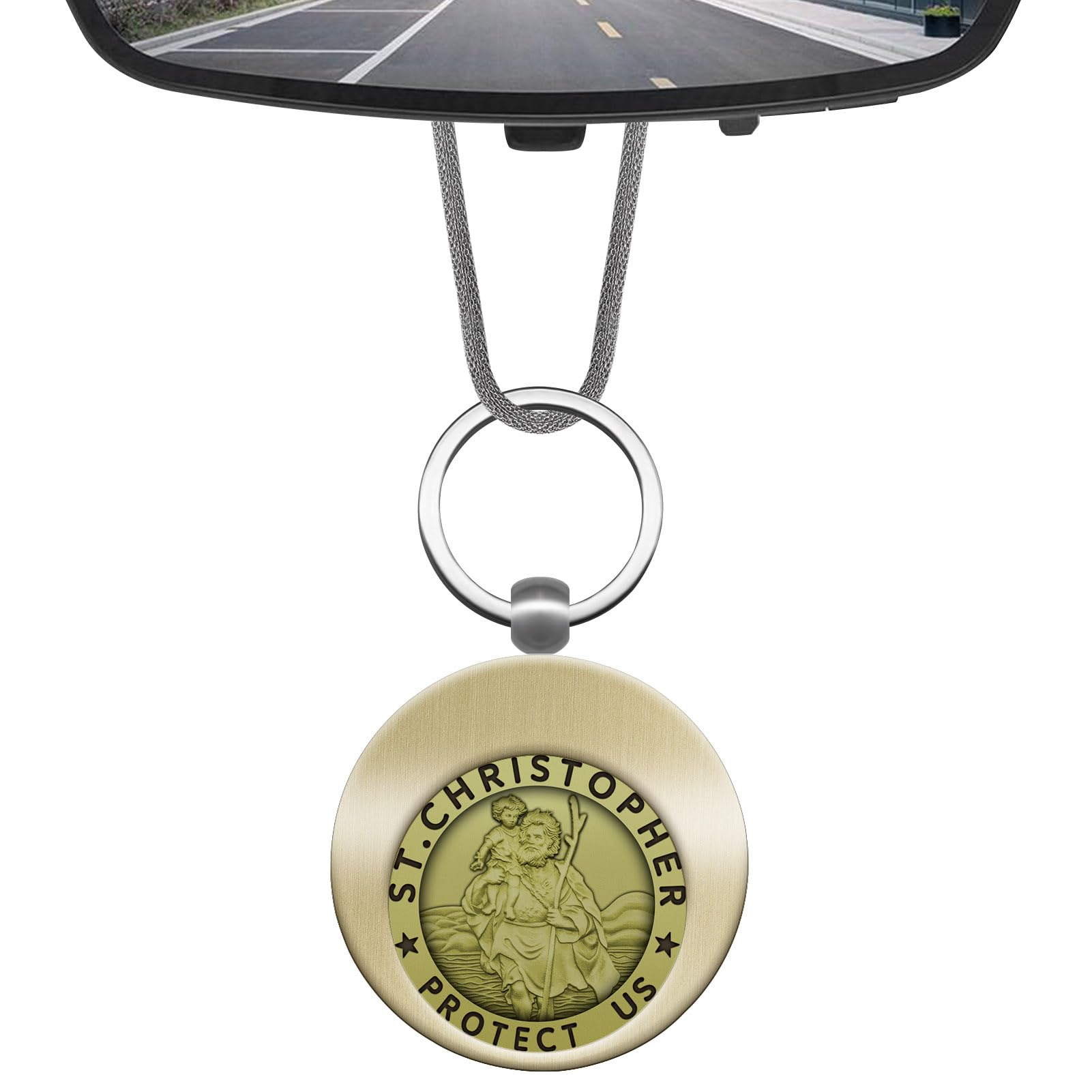 St Christopher Hanging Ornament Car Rearview Mirror Saint Christopher Charms Medal Pendant Bless Driving Safety Gift with Detachable Religious Coin Keychain Storage (Brass Color)