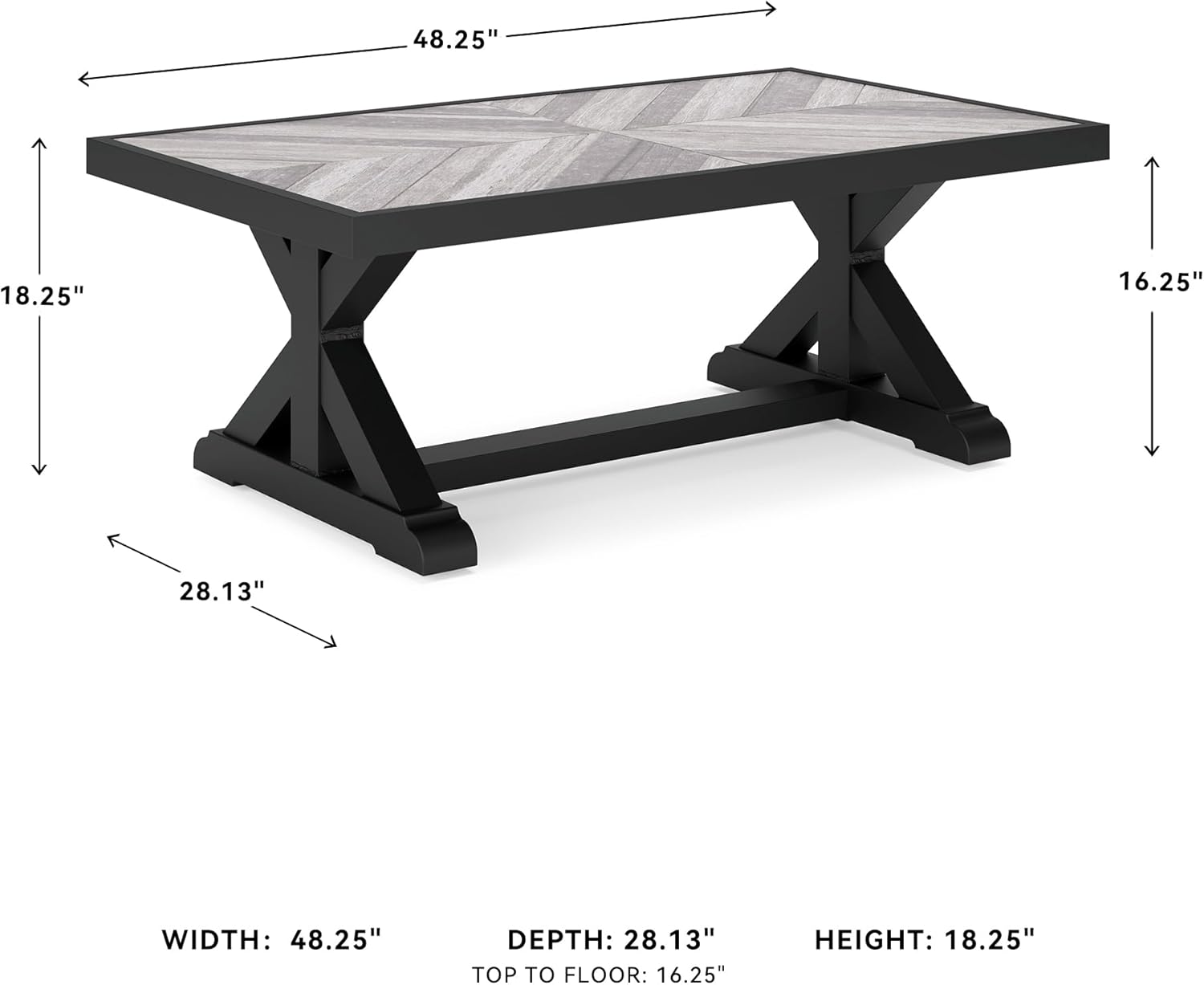 Signature Design by Ashley Beachcroft Farmhouse Weather and Rust Resistant Outdoor Coffee Table with Porcelain Tabletop, Black & Light Gray