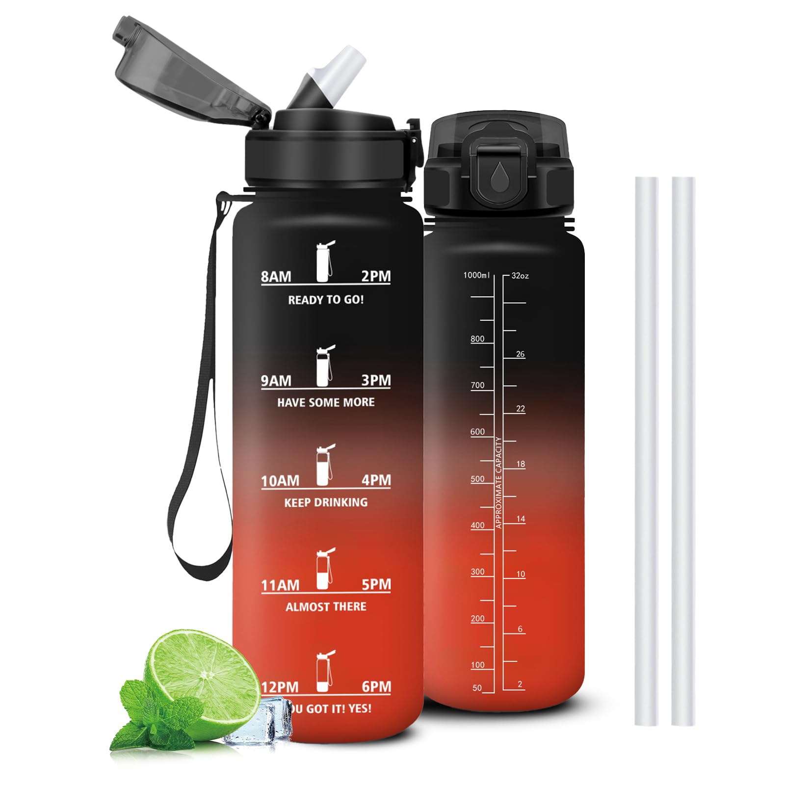 Mujigaga Botella Agua Gimnasio, A Prueba de Fugas Botella Agua 1 litro, Cantimplora con Pajita, Diseño de Cerradura, Cantimplora con Marcador de Tiempo para Deporte, Colegio, Exterior - 2