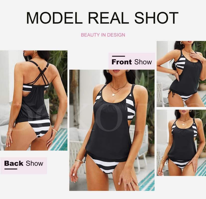 Miniatura 4 de Dokotoo Womens 2023 Fashion Stripes Print Lined Up Double Up Tankini Sets Swimsuits Bathing Suit Swimwear (S-3XL)