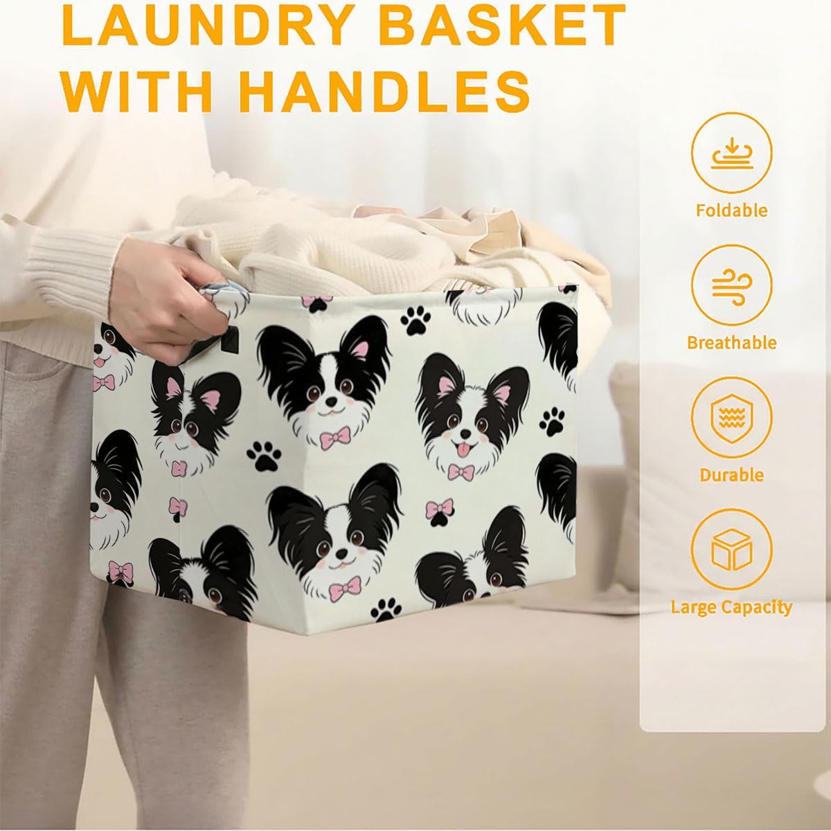 56L Pink Cute Dog Foldable Square Laundry Hamper with Handles – Large Clothes, Blanket & Toy Storage Basket for Home Organization. image 3