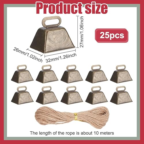 Miniatura 2 de WEBEEDY 25 mini campanas de vaca, caballo, oveja, pastoreo, campanas de cobre con cordel de 32.8 ft, campanas de animales de granja para