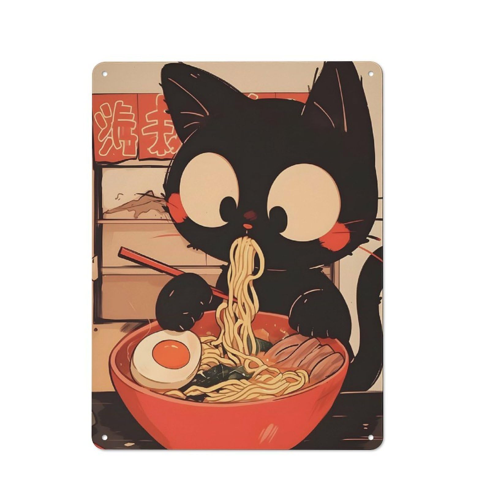 Junmoney Style-21 Black Cat Eating Ramen - Tokyo Noodle Vintage Metal Plaque 40X30cm For Café Or Restaurant, A Decorative Gift For A Newly Furnished Café And Restaurant