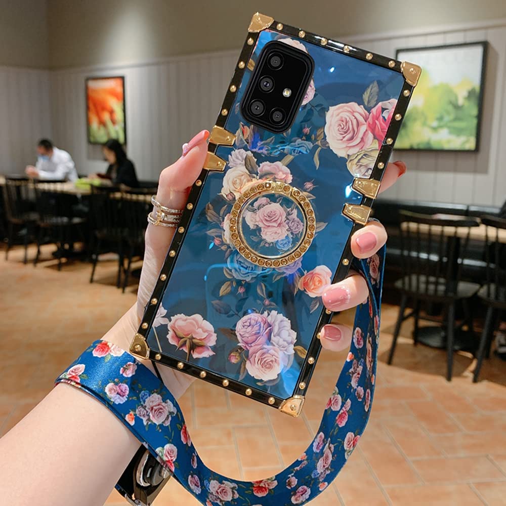 BABEMALL Compatible for Sumsang S20 FE 5G 6.5 Inch (2020) Case, Premium Retro Elegant Blu-ray Floral Pattern Plating Four Corner Protective Classic Strap Case with Holder - Flower Strap 2