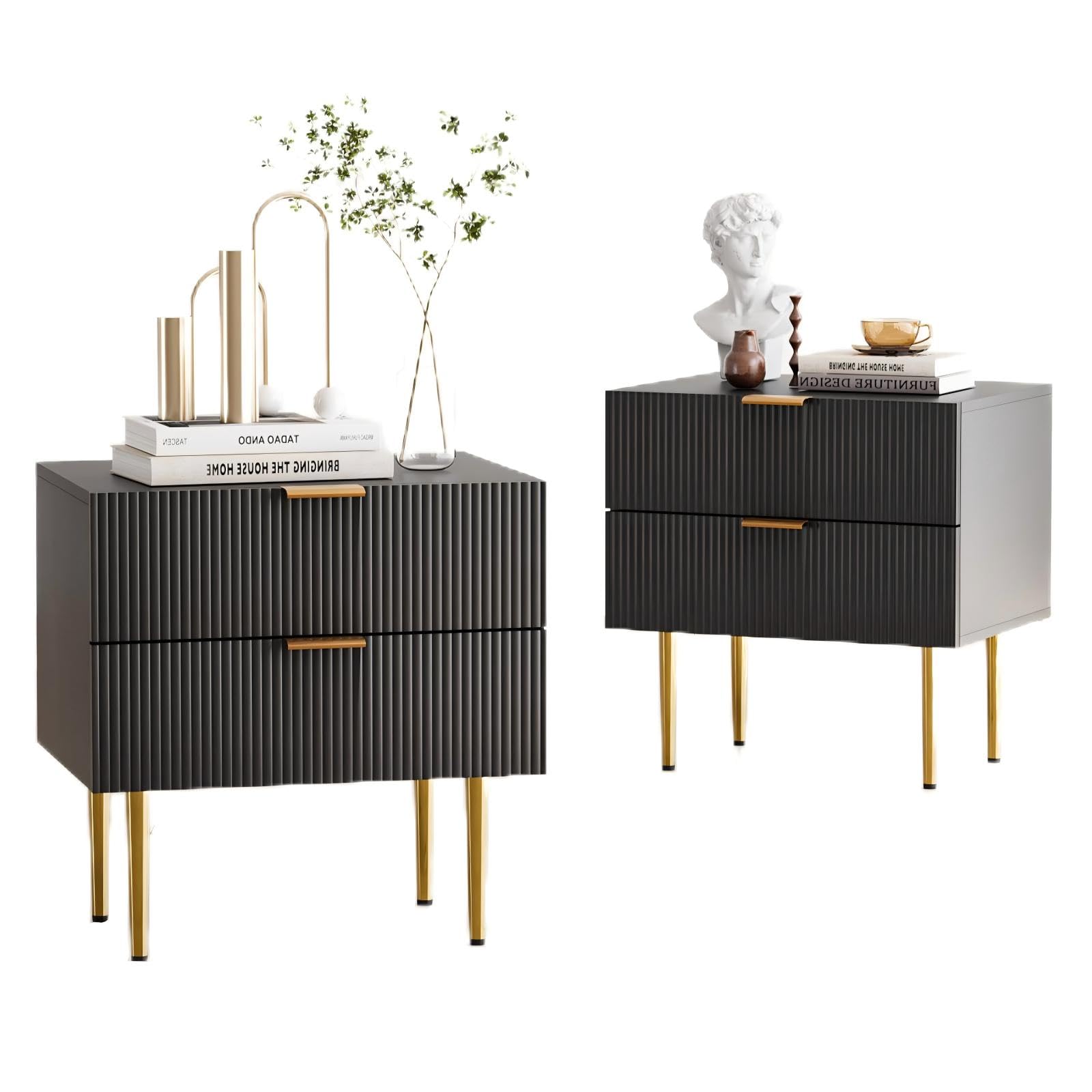 Morwdxef Modern Fluted Nightstand Set of 2, Black Night Stand with Golden Handles and Metal Legs, Wooden Bedside Table with 2 Drawers for Bedroom