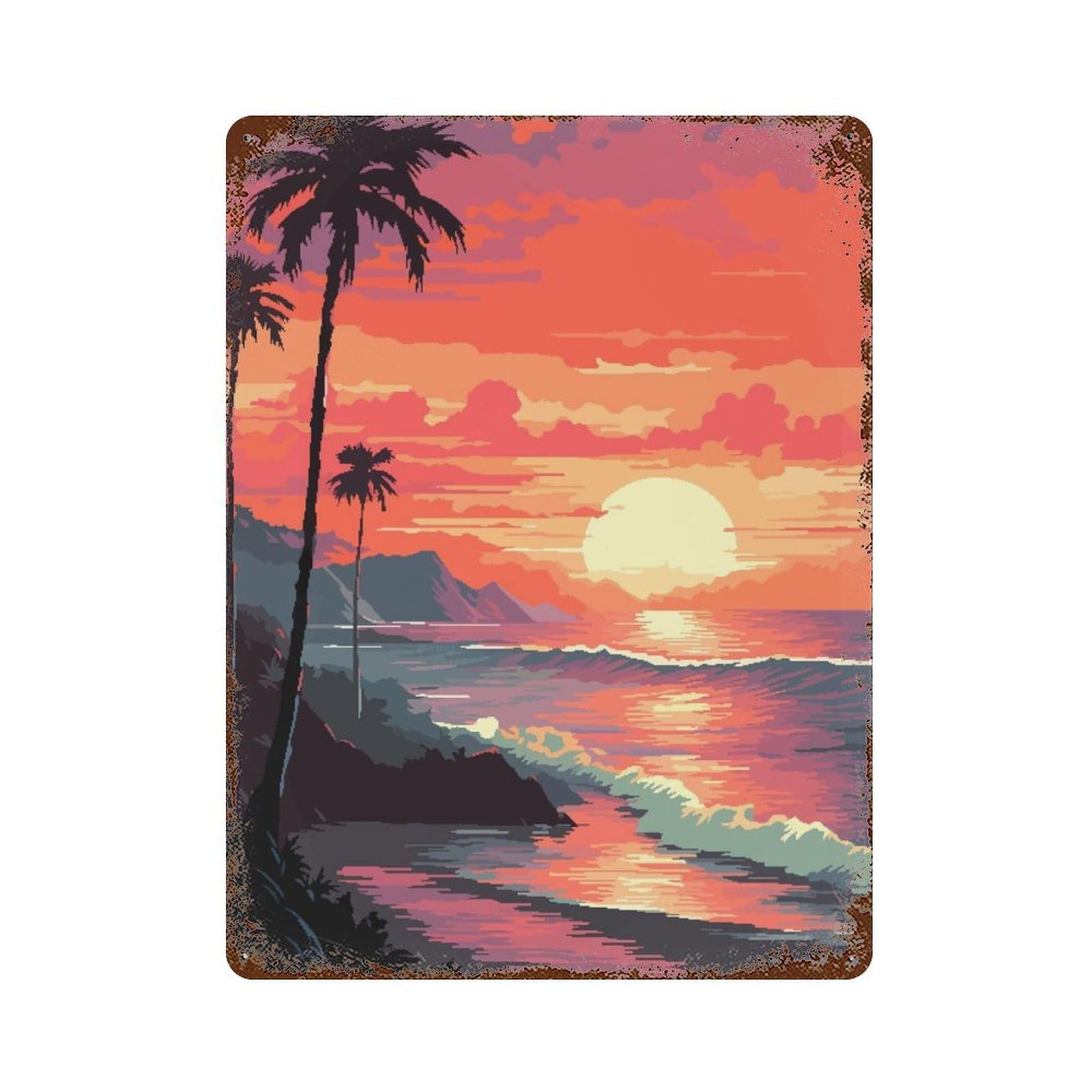 Hawaiian Sunset Pixel Art 15.7"x11.8" Rusty Metal Tin Sign, Novelty Wall Decor for Cafe, Home Bar And Lounge Decor