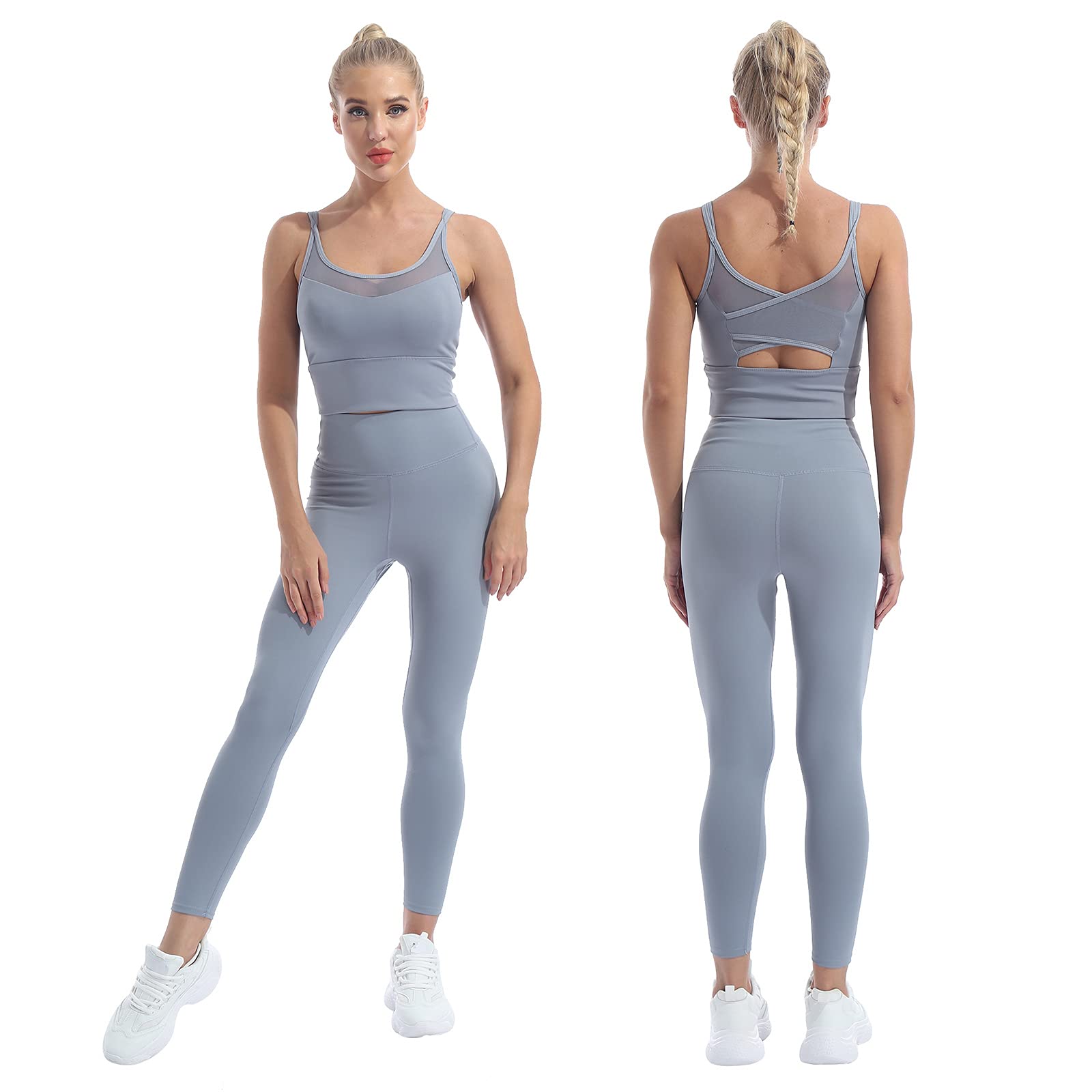 Womens 2 Piece Yoga Leggings with Padded Tank Top Crop Top Workout Tracksuit Outfits Gym Running Activewear Set
