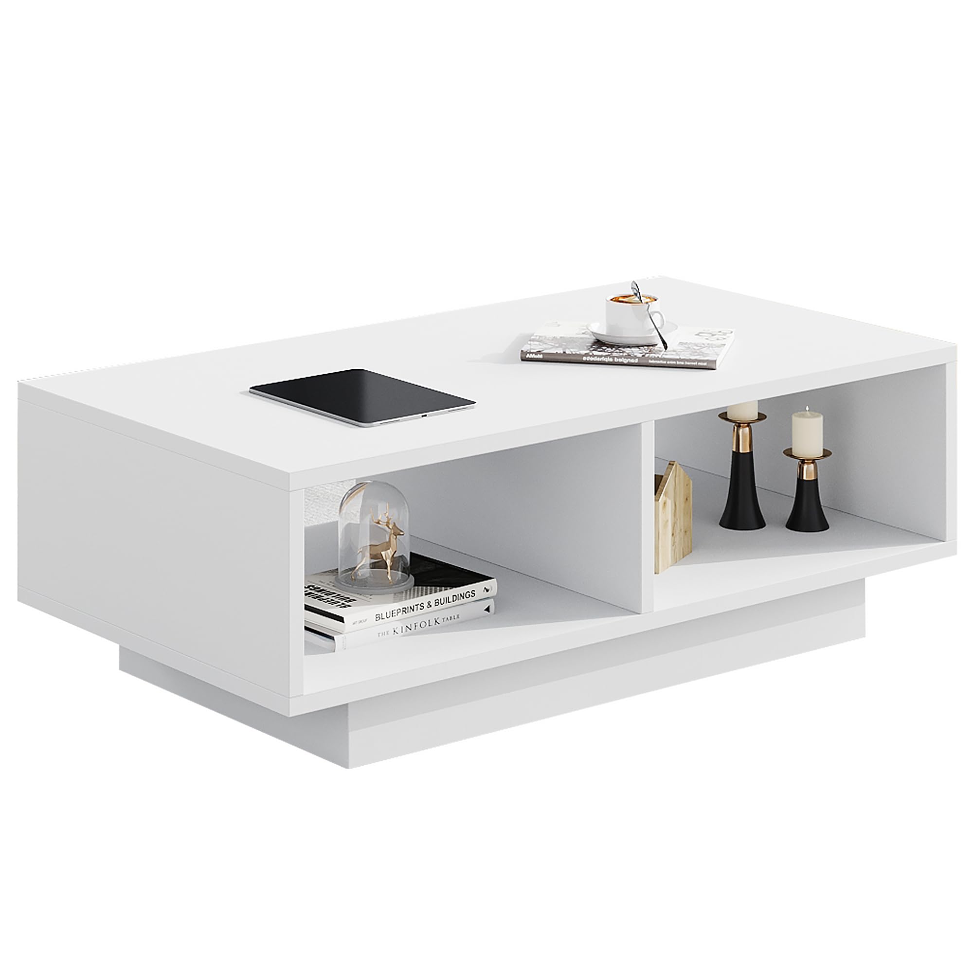 Tavolino Bianco, Tavolo da Salotto, Moderno e Elegante Tavolo da Caffè Rettangolare con 2 Ripiani Aperti, Tavolo Laterale Rettangolare per Soggiorno, per Camera da Letto e Ufficio, 90x48x31 cm