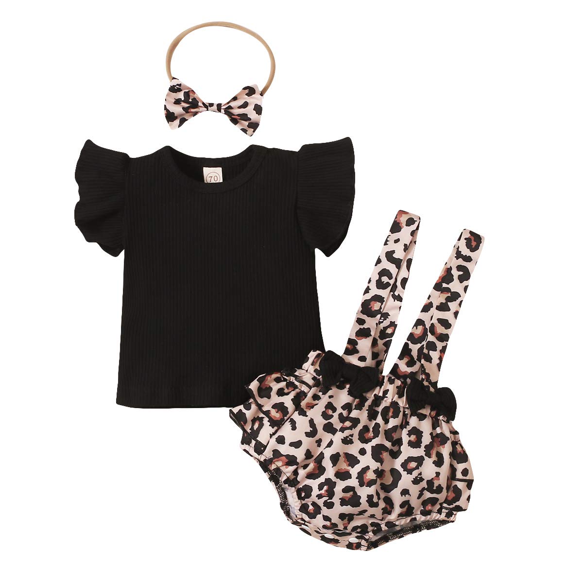 Infant Newborn Baby Girl Leopard Summer Outfits Ribbed Ruffle Sleeve T-Shirt Floral Suspender Shorts Set with Headband (Black&Leopard, 0-3 Months)