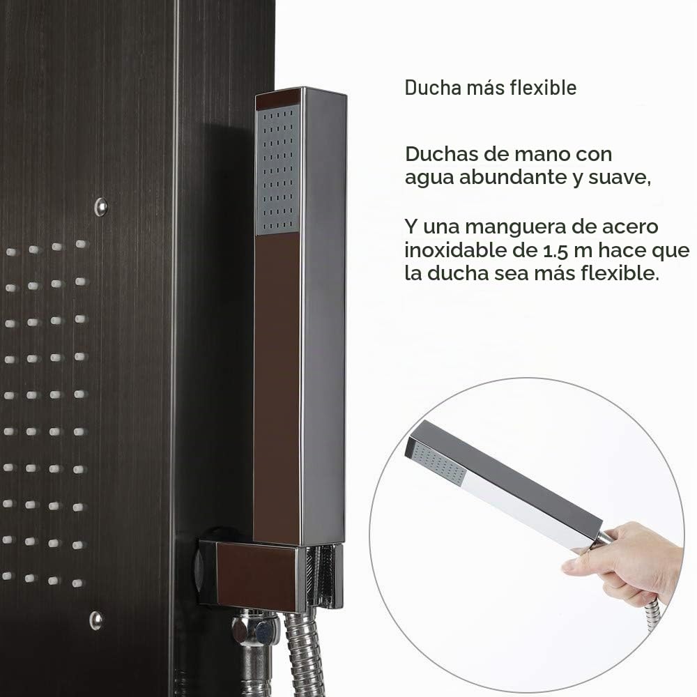 Columna de Ducha, Hidromasaje, Panel de Ducha, Acero Inoxidable, con Ducha de Mano, 20 * 140 cm (Negro)