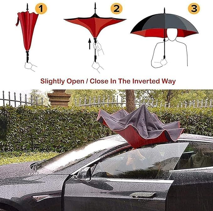 Image of NIKSHA 62 Inch Large Inverted Reverse Umbrella with C-Shaped Handle, Windproof Double Layer Upside Down Car Rain Umbrellas for Men Women (Multicolor)