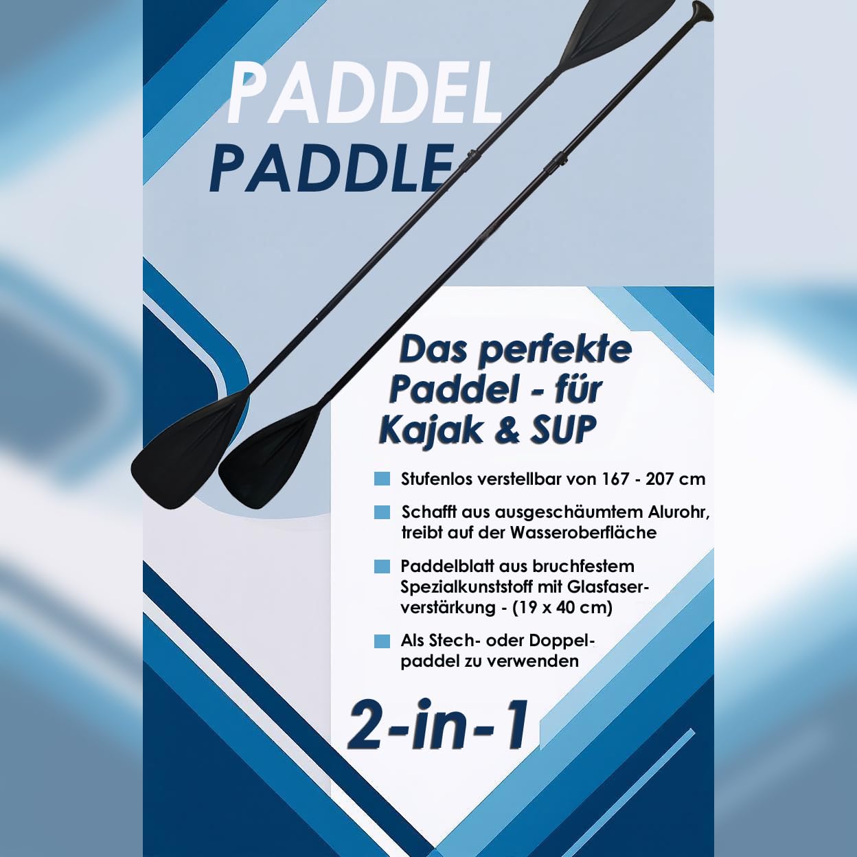 SUP Paddel 2-in-1 Stechpaddel Doppelpaddel, für I-SUP Kajak Stand Up Paddling Board, 4-teilig, stufenlos verstellbar 167-207 cm