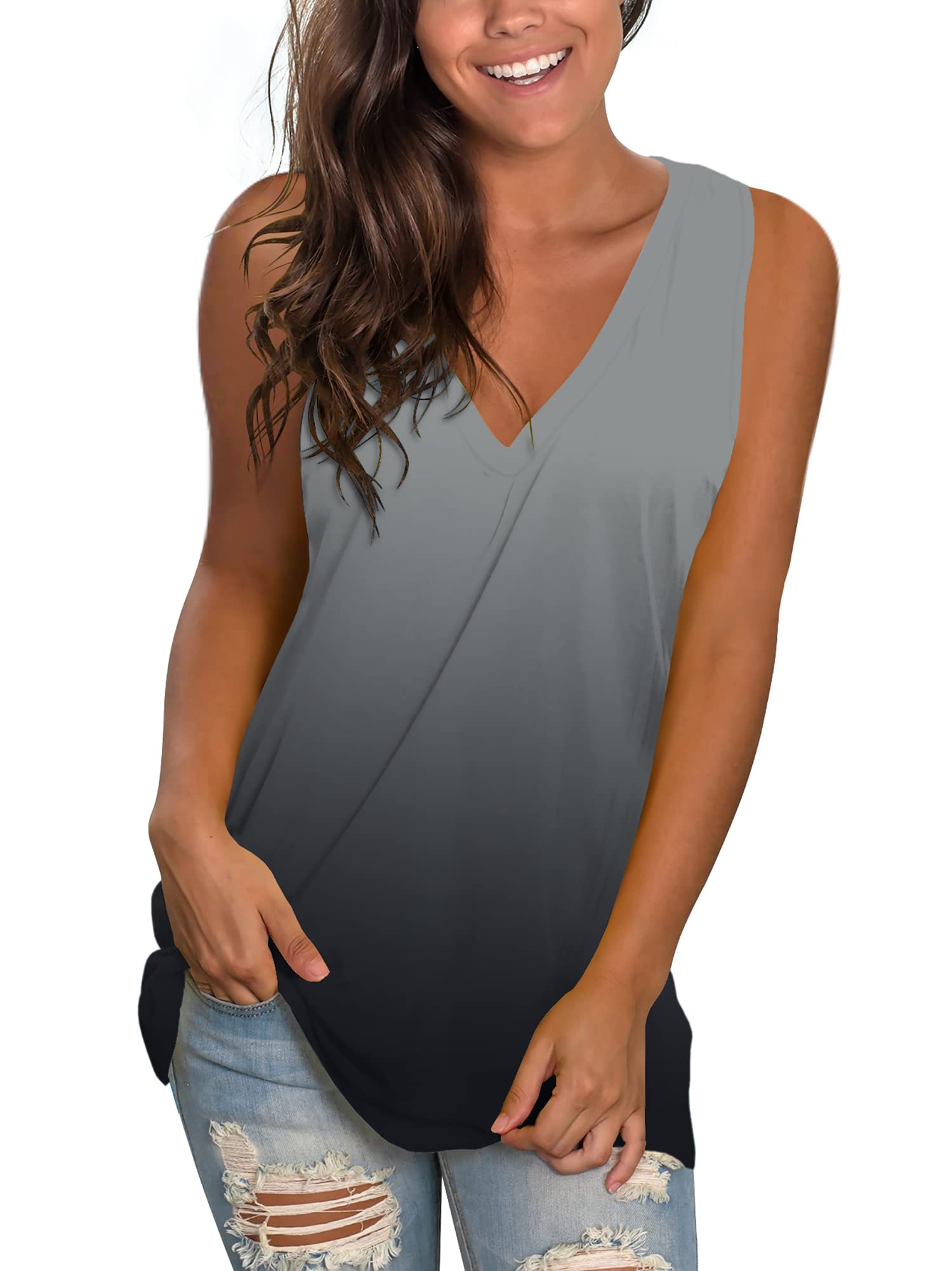 SAMPEELWomen's Summer Tank Tops Basic Tanks V Neck Sleeveless T Shirts Side Split