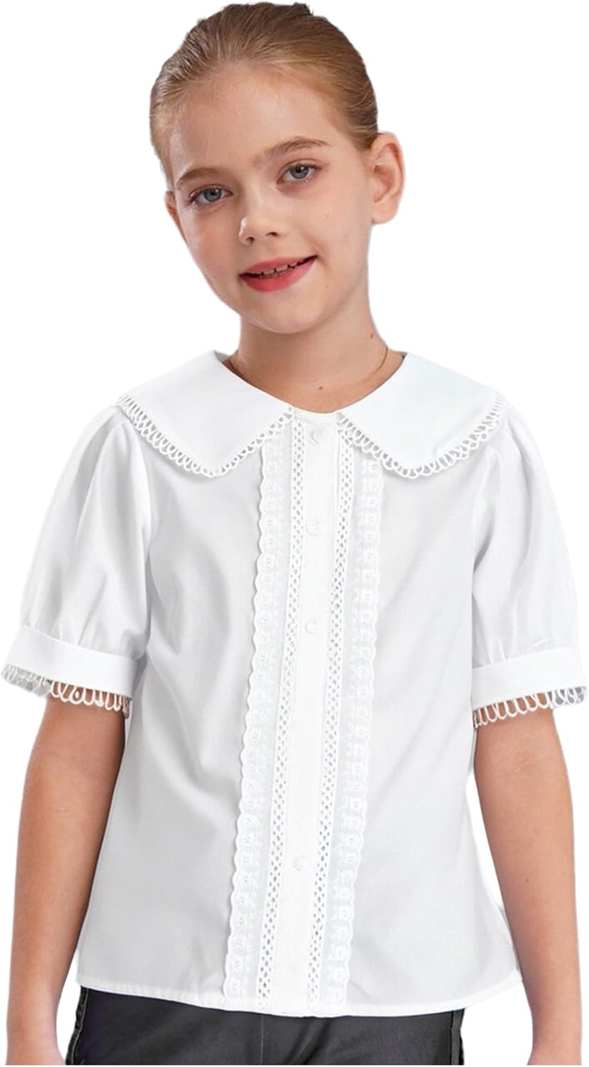 Kids Girls Blouse Short Puff Sleeve Button Down Shirt School Uniform Blouse Casual Tops for 3-16 Years