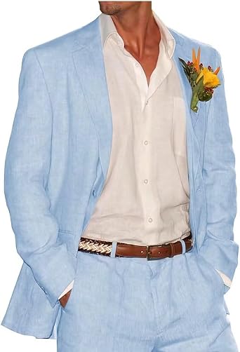 Linen Suit for Men 2 Piece Beach Wedding Pants Casual Lightweight Blazer Jacket Sets Outfits