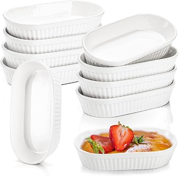 Foraineam 10 Pack White Ramekins, Porcelain Souffle Dishes, Oval Creme Brulee Ramekins for Baking, 6 Ounce Dessert Bowls Set for Souffle, Pudding, Quiche, Snack, Custard, Dishwasher and Oven Safe
