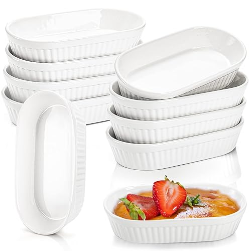 10 Pack White Ramekins, Porcelain Souffle Dishes, Oval Crème Brulée