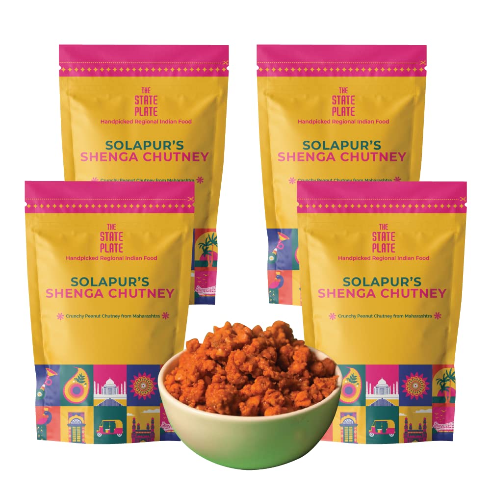 THE STATE PLATE Shengdana Chutney | Solapur Shenga With Garlic | Spicy | Peanuts | 200 Grams (Pack Of 4)