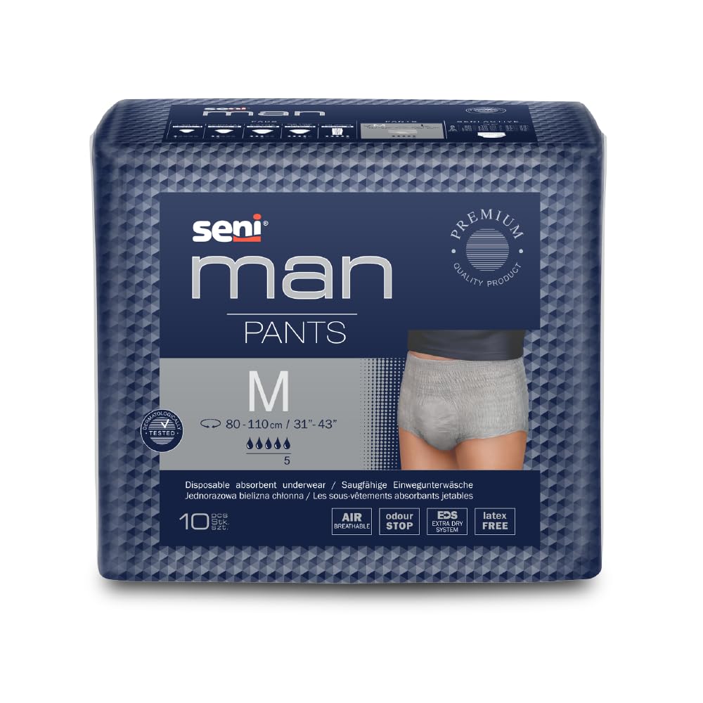 Seni Man Bladder Control Pants for Men | Light Incontinence | Breathable | Extra Dry System | latex free | Disposable Absorbent Underwear | Odour Stop | Dermatologically Tested | Size Medium | Waist Size 31" - 43" (80 cm - 110 cm) | Pack of 1 | 10 Pcs