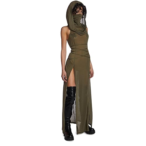 Dolls Kill Echo Hooded Slit Maxi Dress by Darker WAVS - Semi-Sheer Marled Jersey Dress with Draped Hood for Edgy Fashion - Green, X-Large - X-Large