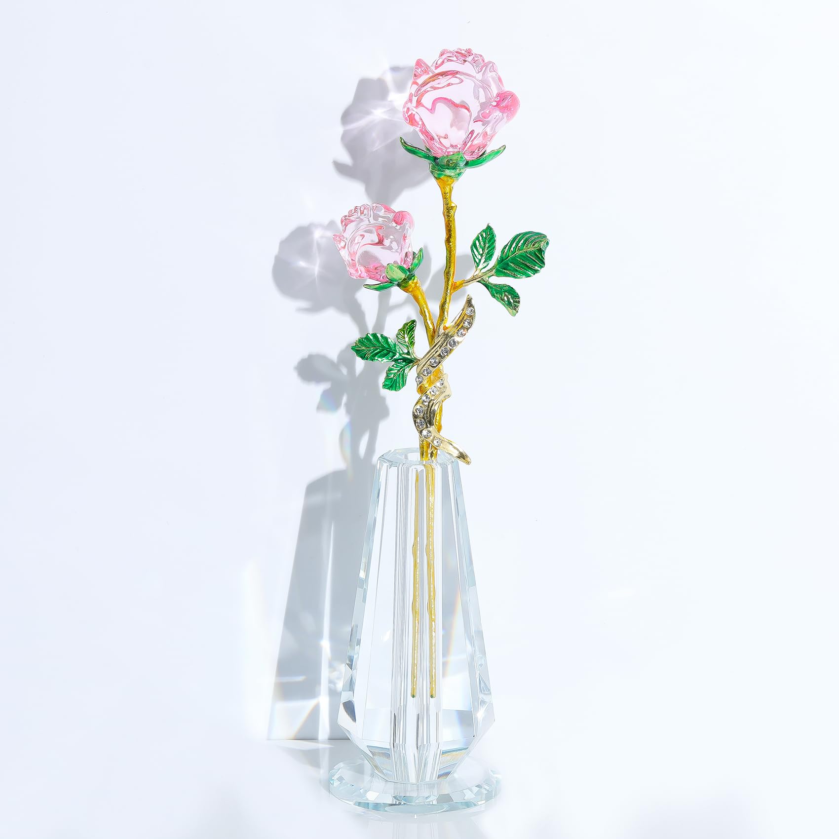 Crystal Pink Rose Flower Figurine Metal Long Stem with Crystal Vase, Handmade Rose Gifts for Wife Mum Girlfriend Birthday, Anniversary, Glass Floral Collectible Wedding Ornament Home Table Decor