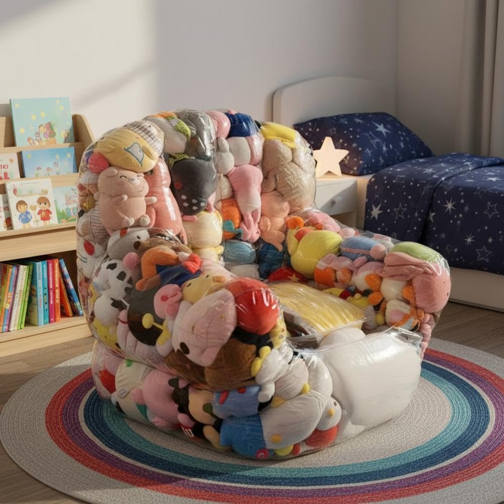 Transparente Stofftier-Aufbewahrungs-Sitzsack-Abdeckung für Kinder, großes Fassungsvermögen, Spielzeug-Organizer und Aufbewahrung mit doppeltem Reißverschluss, kreative PVC-Plüschtieraufbewahrung
