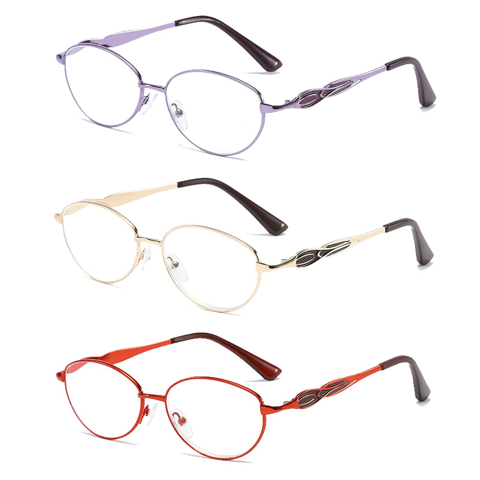 Verres de lecture ovale métallique Femmes Cadre en métal optique Anti bleu Light Lights Aspheric Lentilles d'ordinateur Convient au travail de bureau ou à la vie à la maison,3 pack mixed color,+300