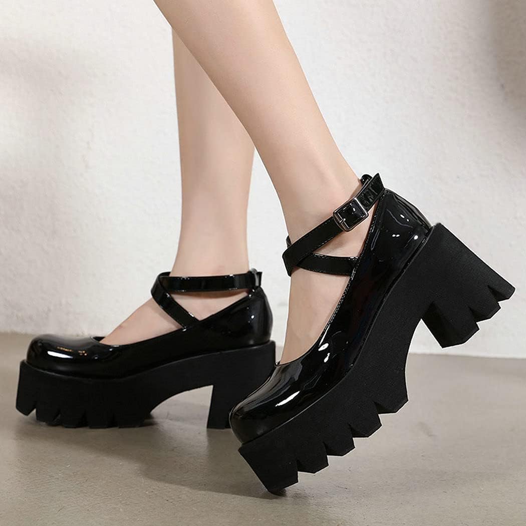 KIKIVIVI Womens Platform Mary Jane Patent Leather Crisscross Strap Chunky High Heel Pumps