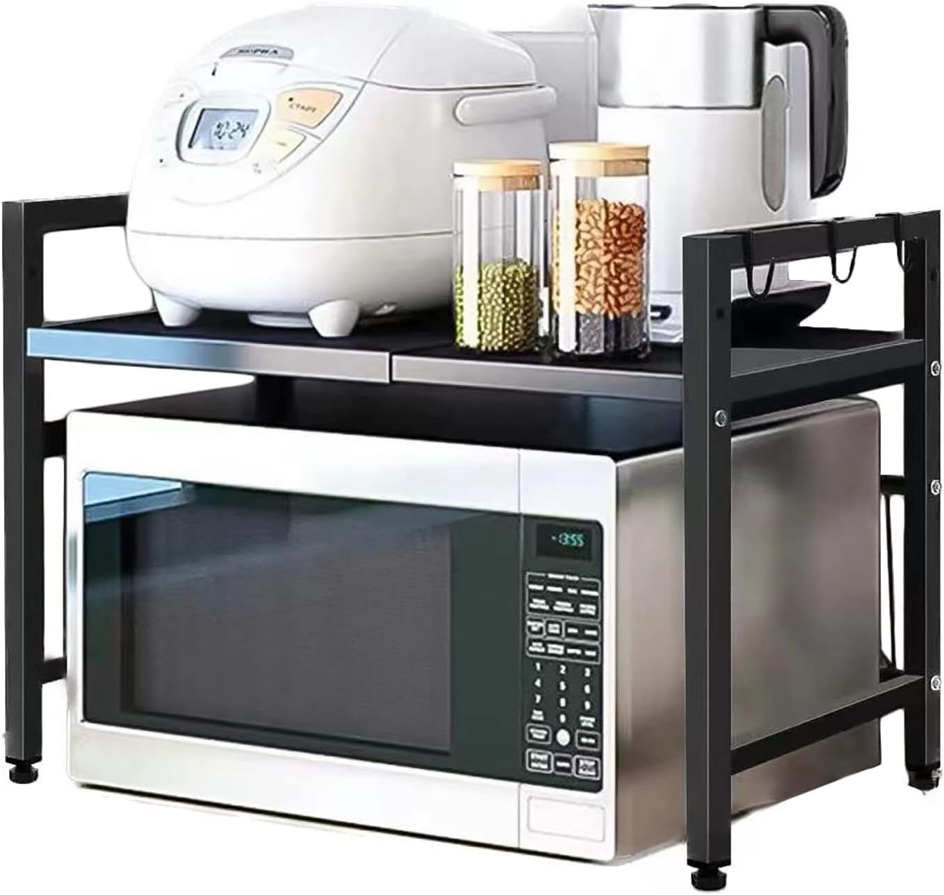 Extendable Microwave Oven Rack, Adjustable Microwave/Toaster Shelf Heavy Duty Stand Kitchen Counter Top Organizer(L15.7~25.2" xW12.6 xH17.1), 2-Tier with 6 Hooks, 160lbs Weight Capacity Black