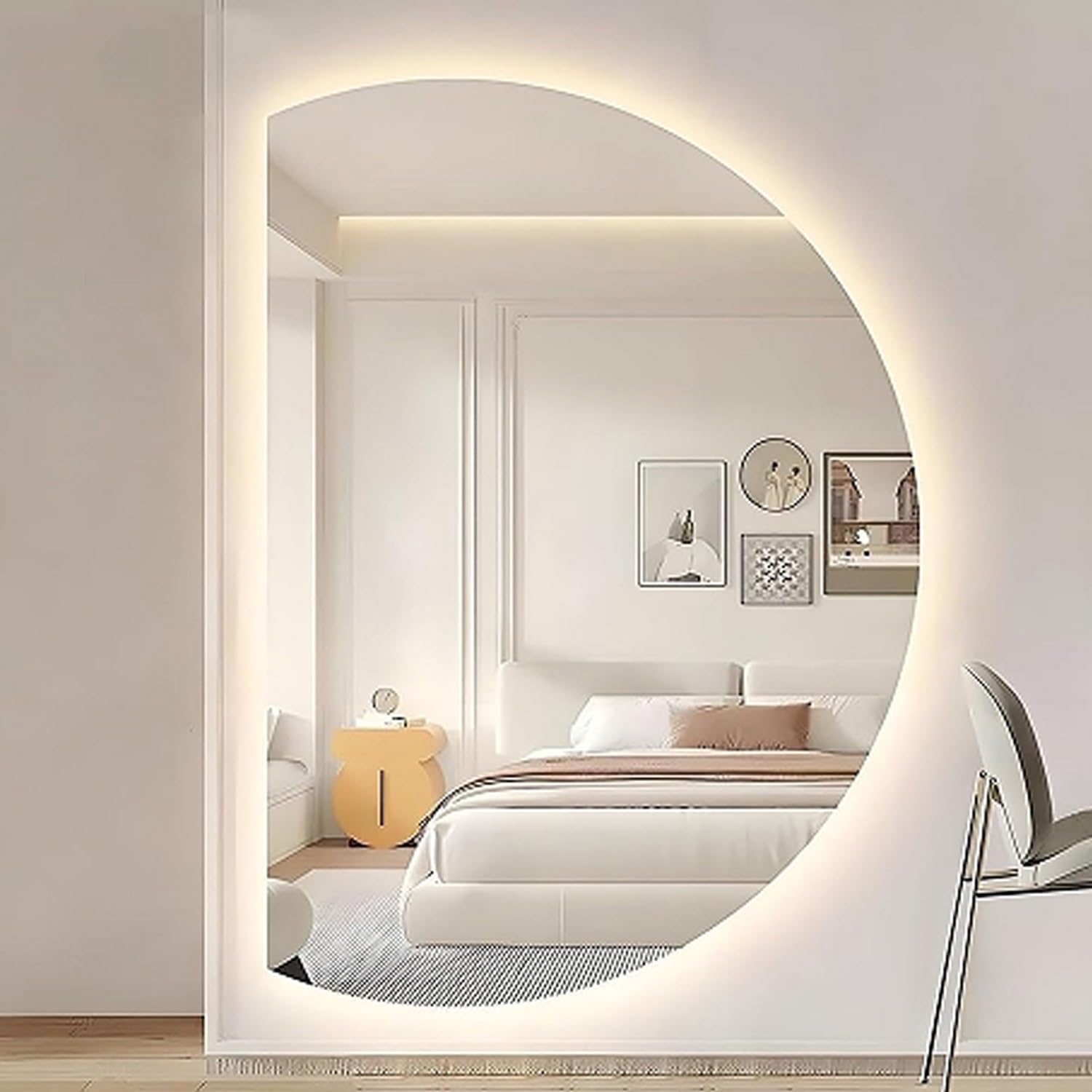 WQZzjm AntiFog Bathroom Mirror, 130/90cm, 3 Colors, Backlit FullLength SemiCircle, Left/Right Cut, 110/120cm (Right SemiCircle, 43in) Modern Design, Stylish Lighting (Right Semicircle 51in)