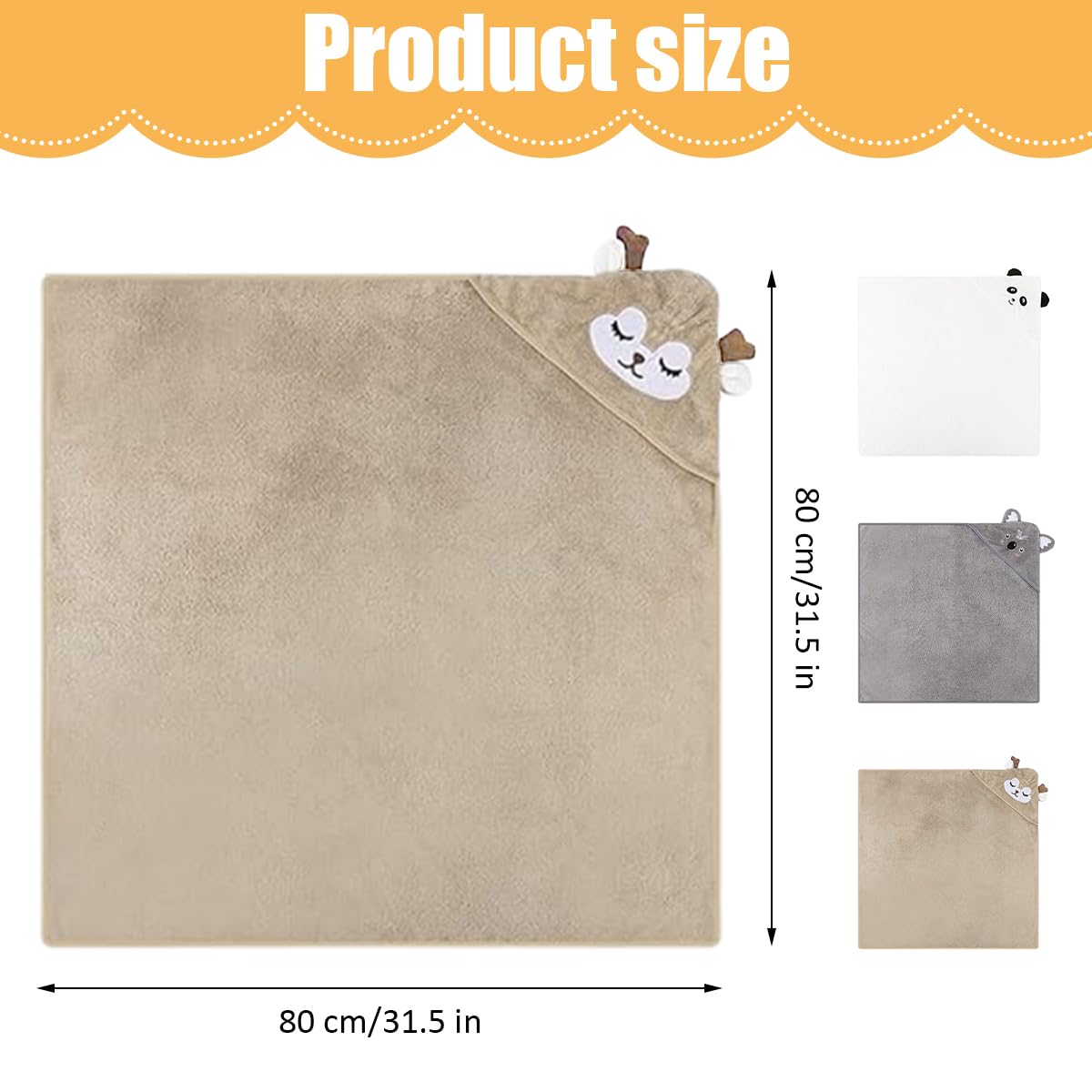 DGN 3 Pièces Serviette De Bain Bébé, 80 x 80cm Sortie de Bain Bébé Super Absorbante, Serviettes pour Enfants en Bas âge avec Trois Motifs, Baby Hooded Towel, Sortie de Bain Bebe (Blanc, Gris, Café) - 2